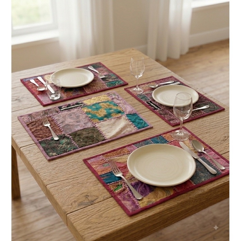 Willow Green Co Placemats Set of 4 Patchwork Embroidered Boho India 18x13